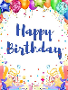 Happy Birthday text with multicolor balloons and confetti