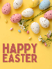 happy easter text, yellow background, easter eggs
