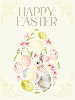 happy easter text with bunny in the center surrounded by spring flowers and eggs