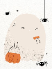 cartoon of cute ghost carrying candy and bag surrounded by cute cartoon spiders