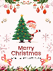 Merry Christmas and Happy New Year text with Santa waving next to a Christmas tree, framed by ornaments, snowflakes and holly