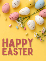 happy easter text, yellow background, easter eggs