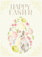happy easter text with bunny in the center surrounded by spring flowers and eggs