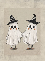 cartoon image of two sheet ghosts in witch hats holding hands