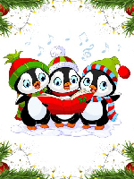 trio of cartoon penguin carolers framed by Christmas lights and pine garland