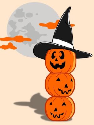 image of stack of three jack-o-lanterns with a witch hat on top and a moon in the background