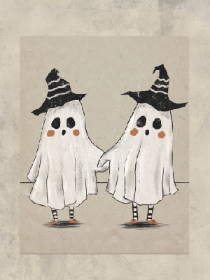 cartoon image of two sheet ghosts in witch hats holding hands