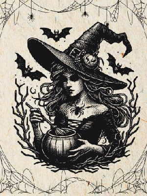 black and white art of young witch brewing something in a pot, framed by bats, cobwebs, and spiders