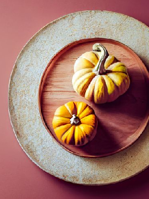 photo of two small pumpkins on a wooden platter